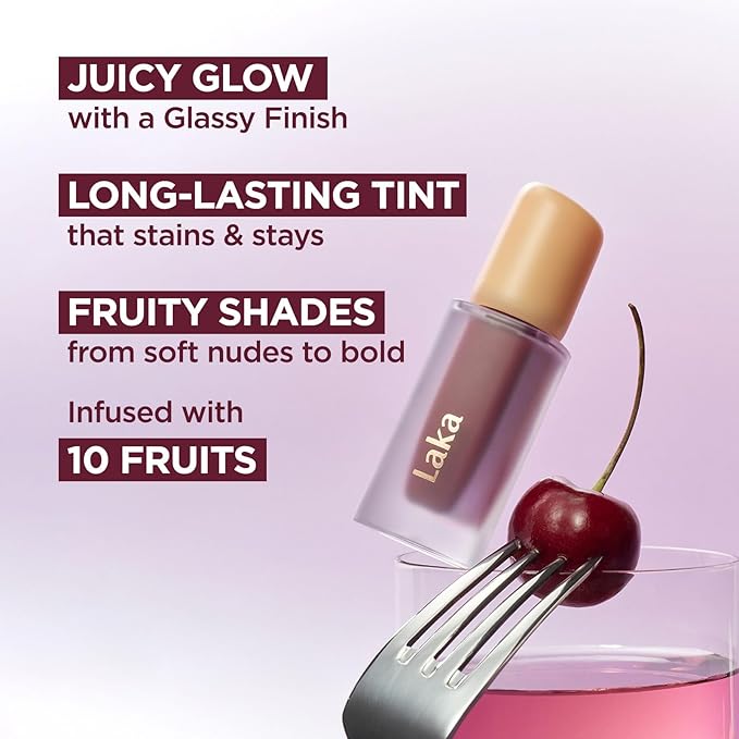 Laka Fruity Glam Tint, 4.5g/0.15oz, Glowing Lip Stain with Wide Color Spectrum, Hydrating & Lightweight Texture, Buildable Color, Non-Sticky, Vegan, K-Beauty (#128 Like)