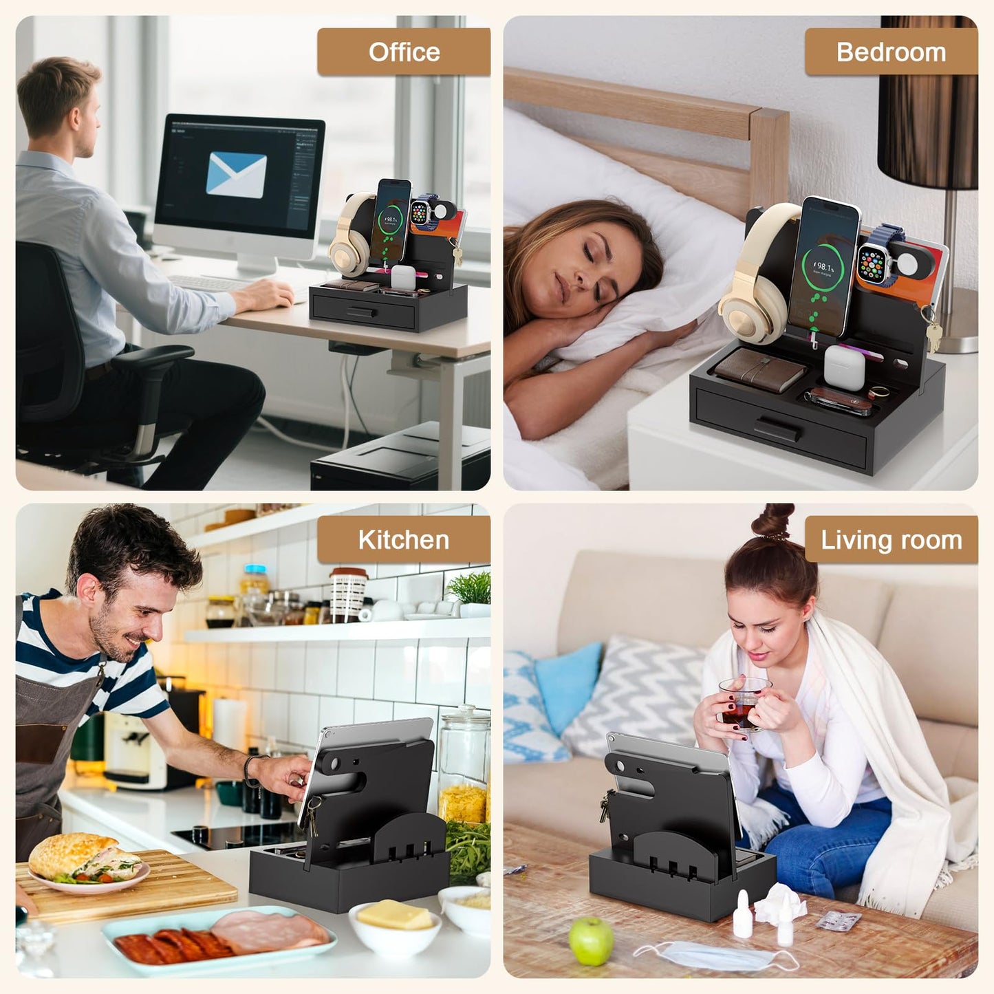 Vdamu Phone Docking Station for Men - Desk or Nightstand Organizer with Drawer - Birthday Gifts for Husband, Dad, Boyfriend,Him - Wooden Charging Station for Phone Watch Key Holder Wallet (Black)