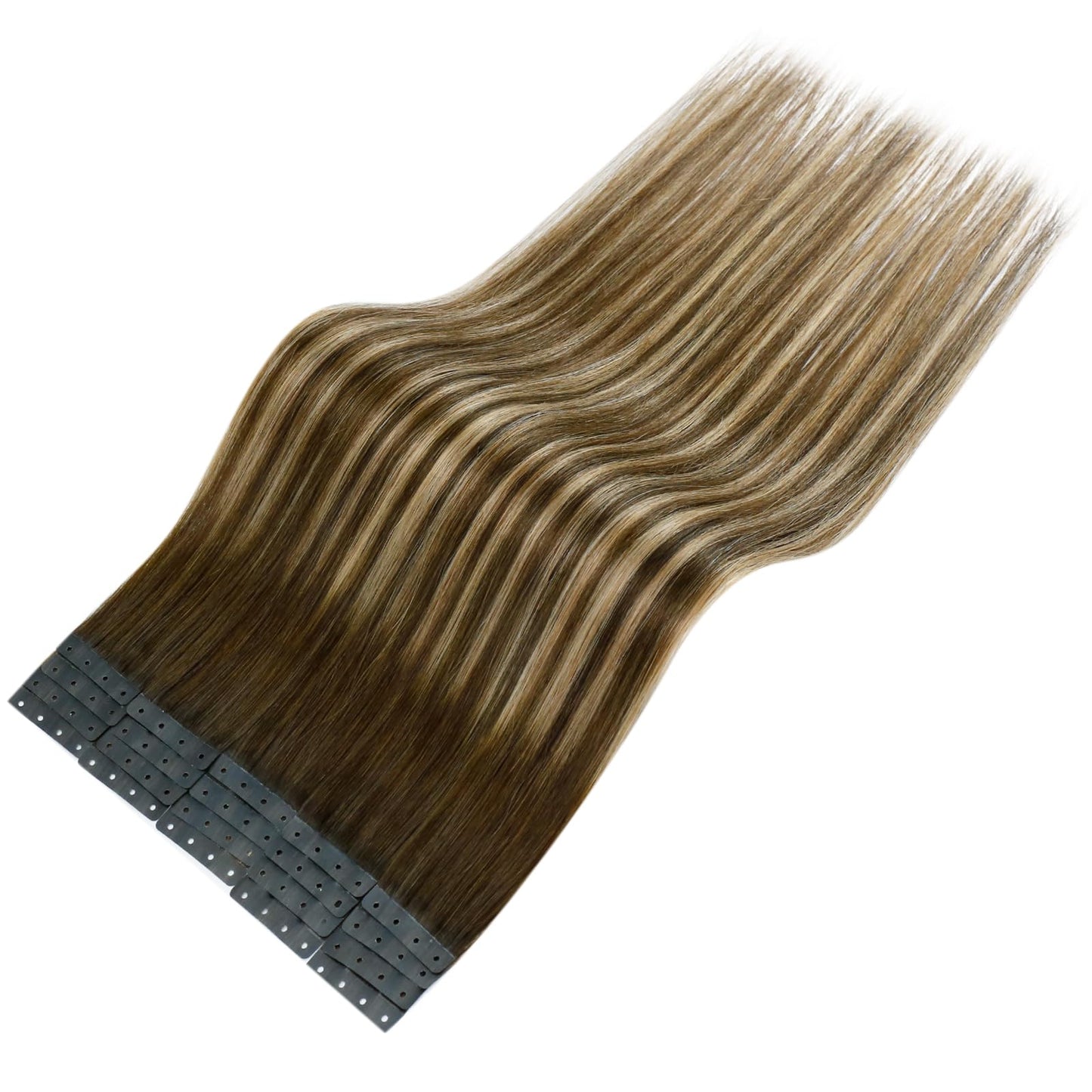 Full Shine Seamless Tape in Hair Extensions Human Hair Tape in with Holes Color Medium Brown to Blonde and Medium Brown Invisibl