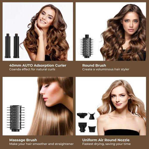 SKERTS 8 in 1 Powerful Hair Dryer Hot Air Brush Set with 110,000 RPM High-Speed Negative Ionic Automatic Curling Iron, Professional Air Styling and Drying System Curling Volumizing(Black)