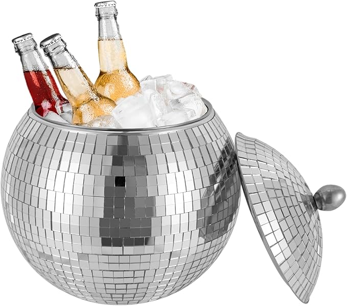 GUEYYSAN Disco Ball Ice Bucket, 0.4 Gal Beverage Insulated Bucket Stainless Steel Drinks Cooler with Lid Decoration Disco ...