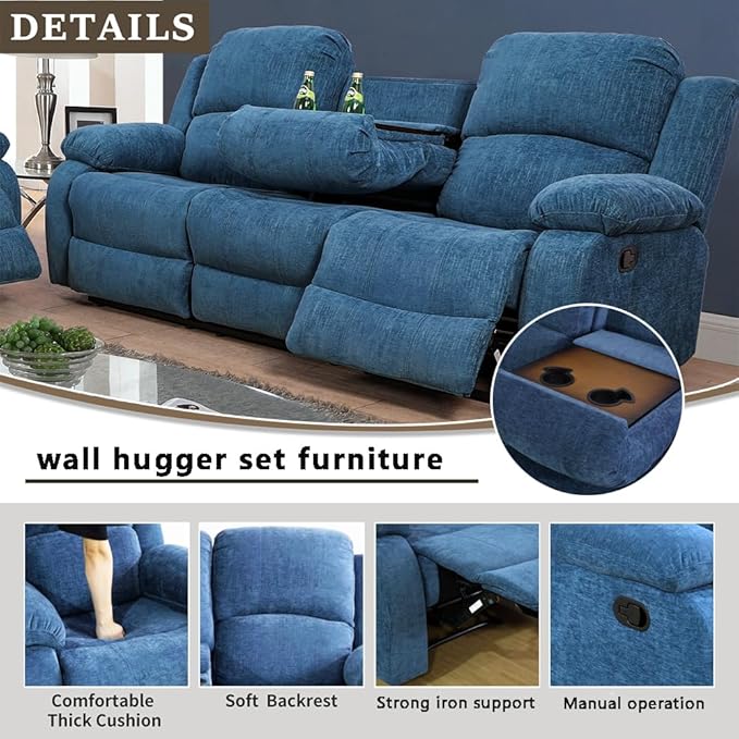 A Ainehome Living Room Furniture Set Leather Recliner Sofa Set Loveseat Chair Furniture Sofa Set for Living Room/Small Space/Rv/House/Office/Theater Seating (A-Blue Microfiber, Sofa(3seater))