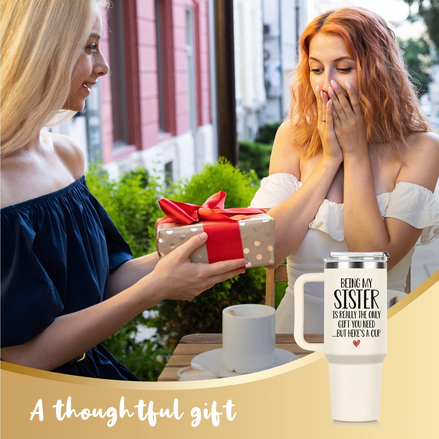 Gleevera Sister Birthday Gifts, Mothers Day Gifts for Sisters - 40oz Tumbler with Handle (Cream) - Birthday Gift for Sisters Christmas - Being My Sister is the Only Gift You Need