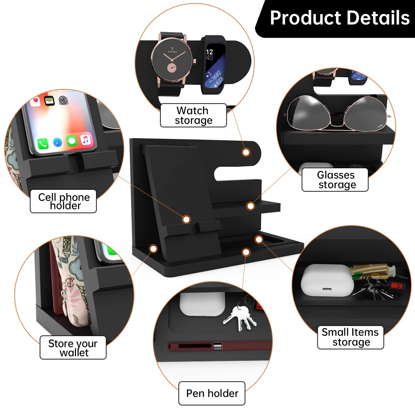 Iswabard Gifts for Men Desk Organizer Wooden Phone Docking Station Key Wallet Holder Watch Organizer Men Birthday Gifts for Dad Birthday Gift Nightstand Organizer