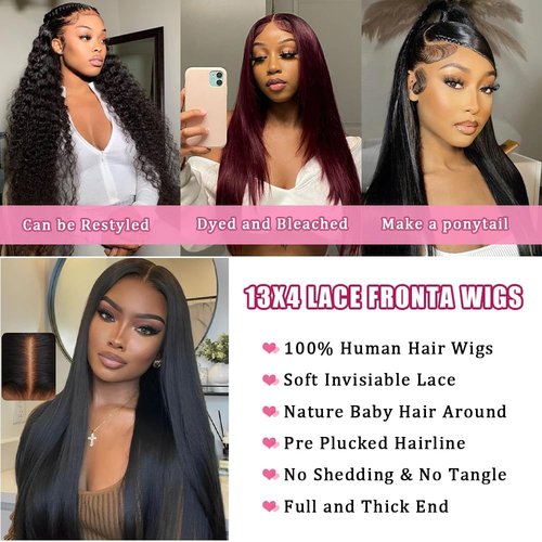 QWedafy Straight Lace Front Human Hair Wig Pre Plucked 200 Density Glueless Natural Black Straight Wig Human Hair 13x4 HD Lace Frontal Wigs for Women (24 Inch)