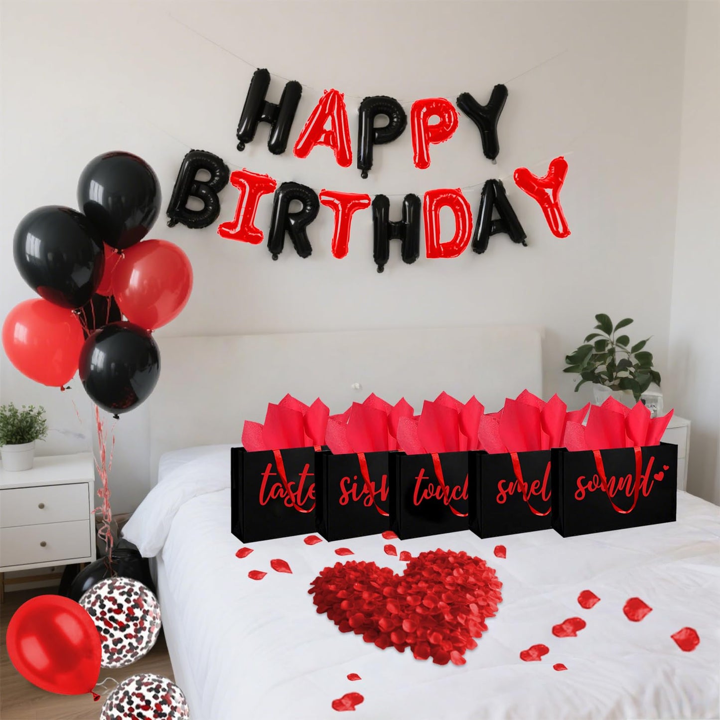 5 Senses Gift Bags Five Senses Birthday Party Decorations with Tissue Paper, Rose Petals and Happy Birthday Banner Balloons Five Senses Gift for Him Husband Boyfriend (Red black)