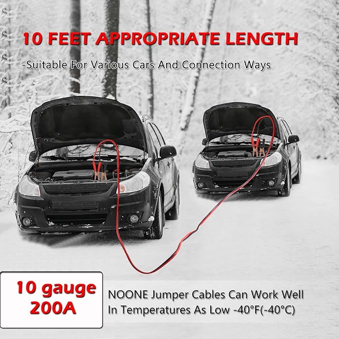 NOONE Jumper Cables for Car Battery, Heavy Duty Automotive Booster Cables for Jump Starting Dead or Weak Batteries (10-Feet (10-Gauge)