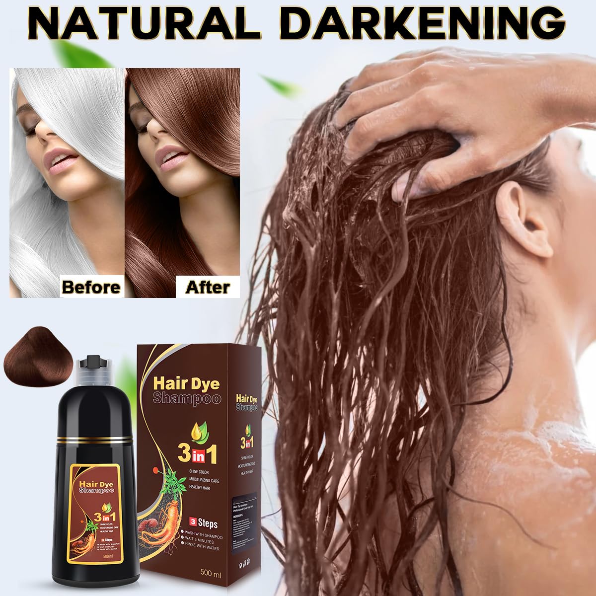 Hair Dye Shampoo Chestnut Brown Hair Color Shampoo for Gray Hair Coverage Herbal Hair Dye Shampoo 3 in 1 for Men and Women, Inst