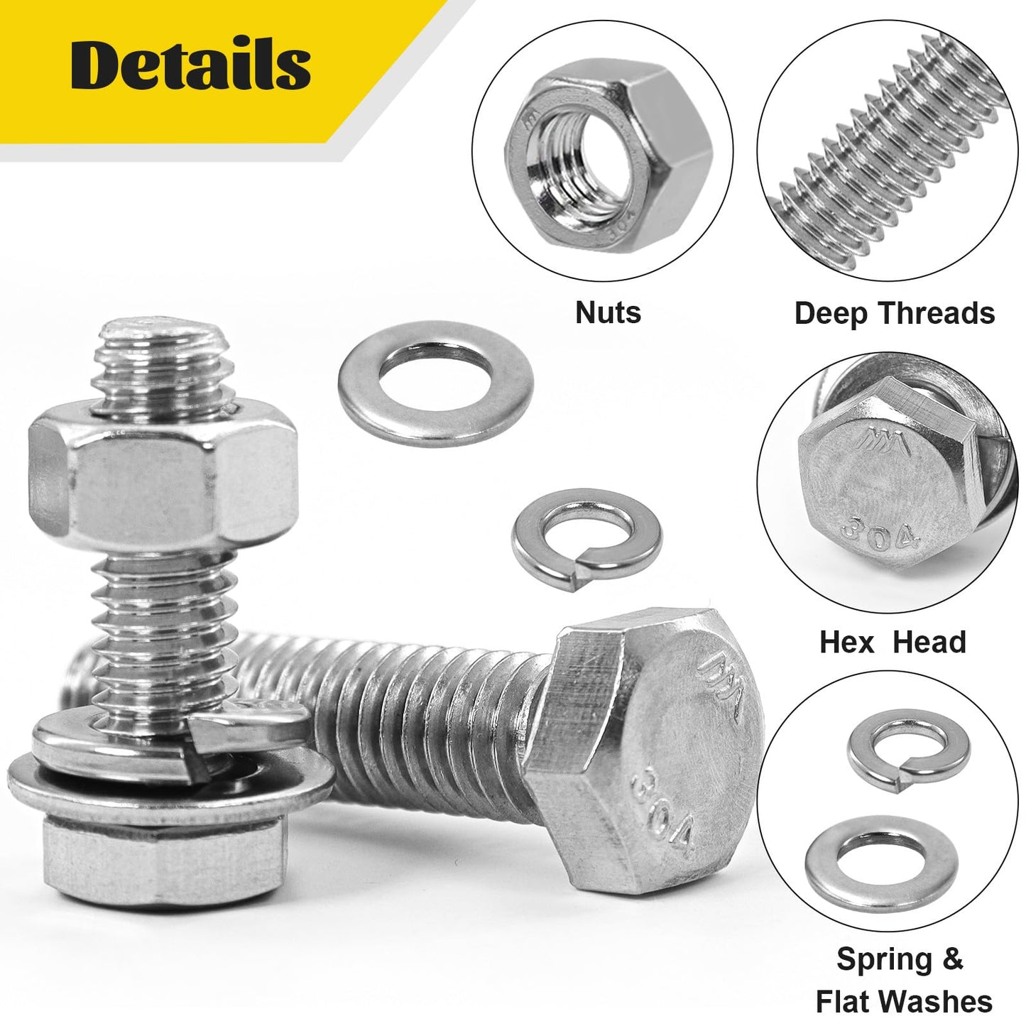 Fgruh 224PCS 1/4''-20 Hex Bolts and Nuts Assortment Kit,1/4-20 x 1/2'', 3/4'', 1'', 1-1/2'', 2'', 2-1/2'', 3'' SAE Stainless Steel Bolts Nuts and Washers Assorted Set, Fully Threaded