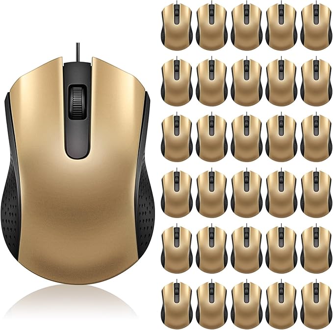 Bonuci 30 Pack USB Wired Mouse 3 Button Corded Computer Mice Bulk USB Mouse for PC Desktop, Laptop, Office, School, Classroom Use(Gold)