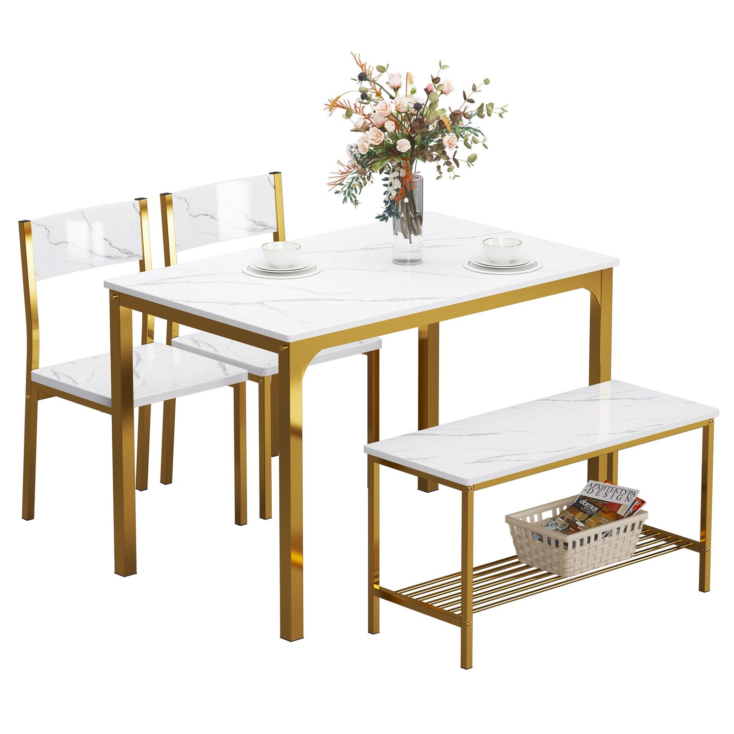 sogesfurniture Modern 4-Piece Kitchen Dining Table Set with 1 Bench and 2 Chairs, Kitchen Bench Table Set for 4, Wooden Kitchen Table and Chairs for Limited Space,Gold