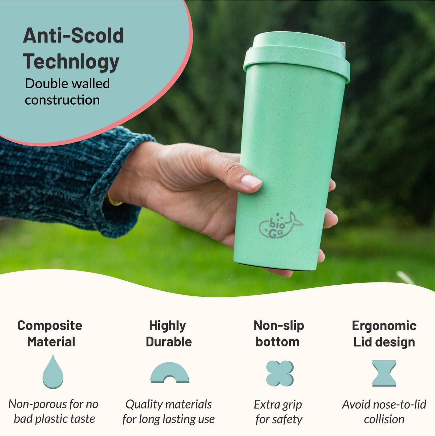 bioGo 16oz Cup, Rice Husk Fibre, BPA-Free, Double Wall Insulation Reusable Coffee Cups, On-The-Go Travel Mug, Screw Tight Lid, Textured Grip, Ultra Lightweight Coffee Cup (Mint, 16oz)