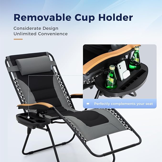 MAISON ARTS Oversized XXL Zero Gravity Chair Set of 2, 30" Wide Seat Padded Foldable Recliner, Anti Gravity Outdoor Lawn Chair for Poolside/Backyard/Beach, Supports 400lbs, Grey
