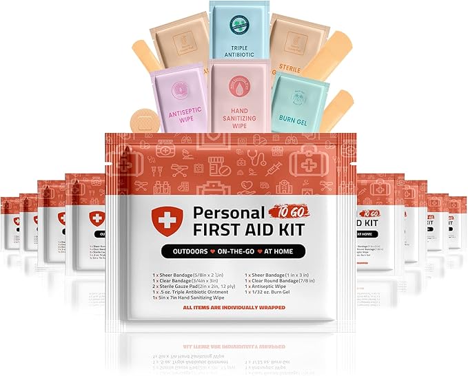Personal First Aid Kit- 10 Pack | Clean, Treat, Protect Minor Cuts, Scrapes and Burns | Perfect for Home, Office, Car, Sch...