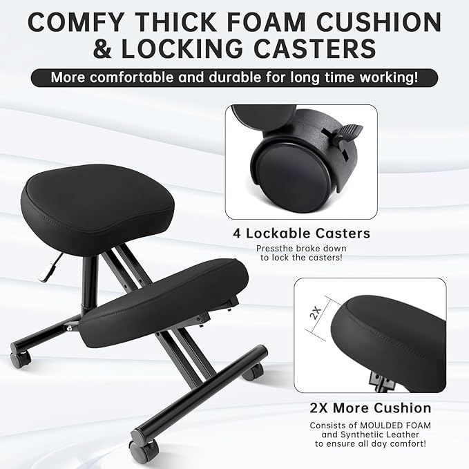 DENGTELI PU Leather Ergonomic Kneeling Chair, Adjustable Home and Office Stool with Thick Pads and Flexible Lockable Brake Wheels for Back Pain Relief(Black)