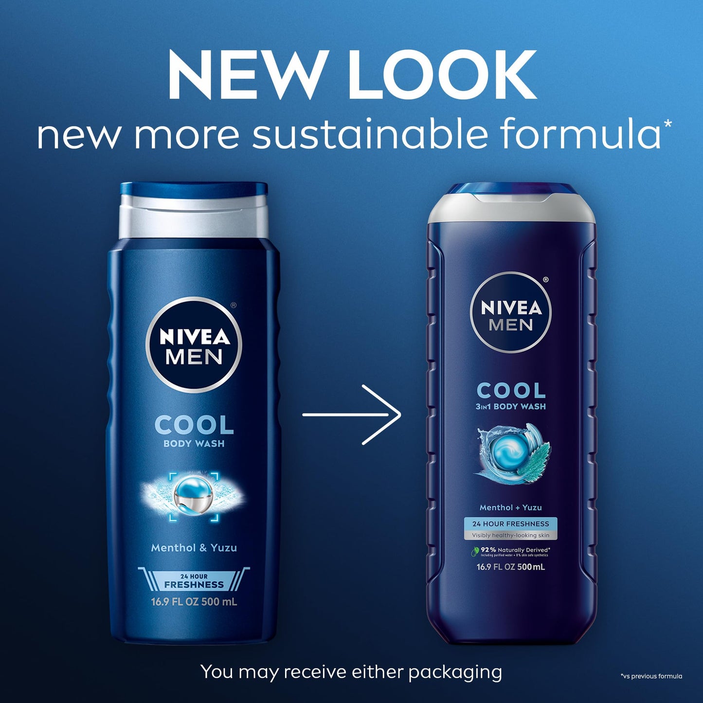 Nivea Men Cool Body Wash, Icy Menthol and Yuzu Scent, 3-in-1 Men's Body Wash, Face and Hair, Paraben Free, pH-Skin Friendly, 16.
