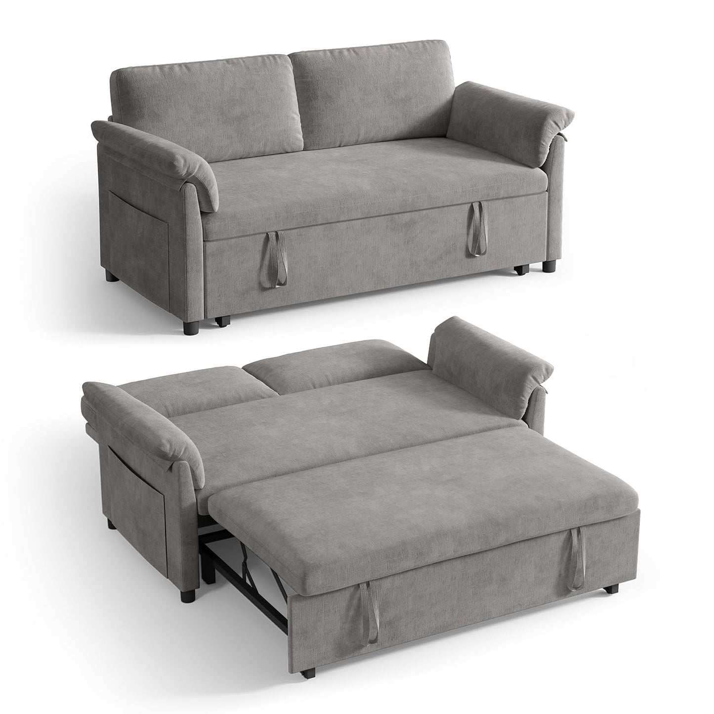 ONBRILL 3 in 1 Pull Out Couch, 59 Inch Convertible Sleeper Sofa Bed,Chenille Sofa Bed w/Adjustable Backrest, Side Pockets, Small Couches for Living Room, Bedroom, Grey