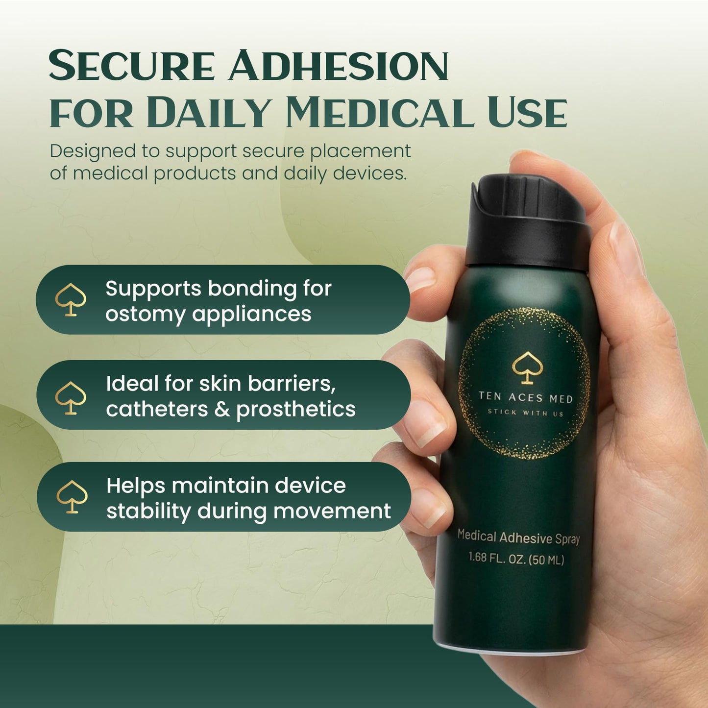 Ten Aces Medical Adhesive Spray | 50 mL (1.7 oz) | Medical-Grade Silicone Adhesive for Ostomy, Catheters, Bandages & Prosthetics with 360° Spray Nozzle | Liquid-Resistant, Secure Hold