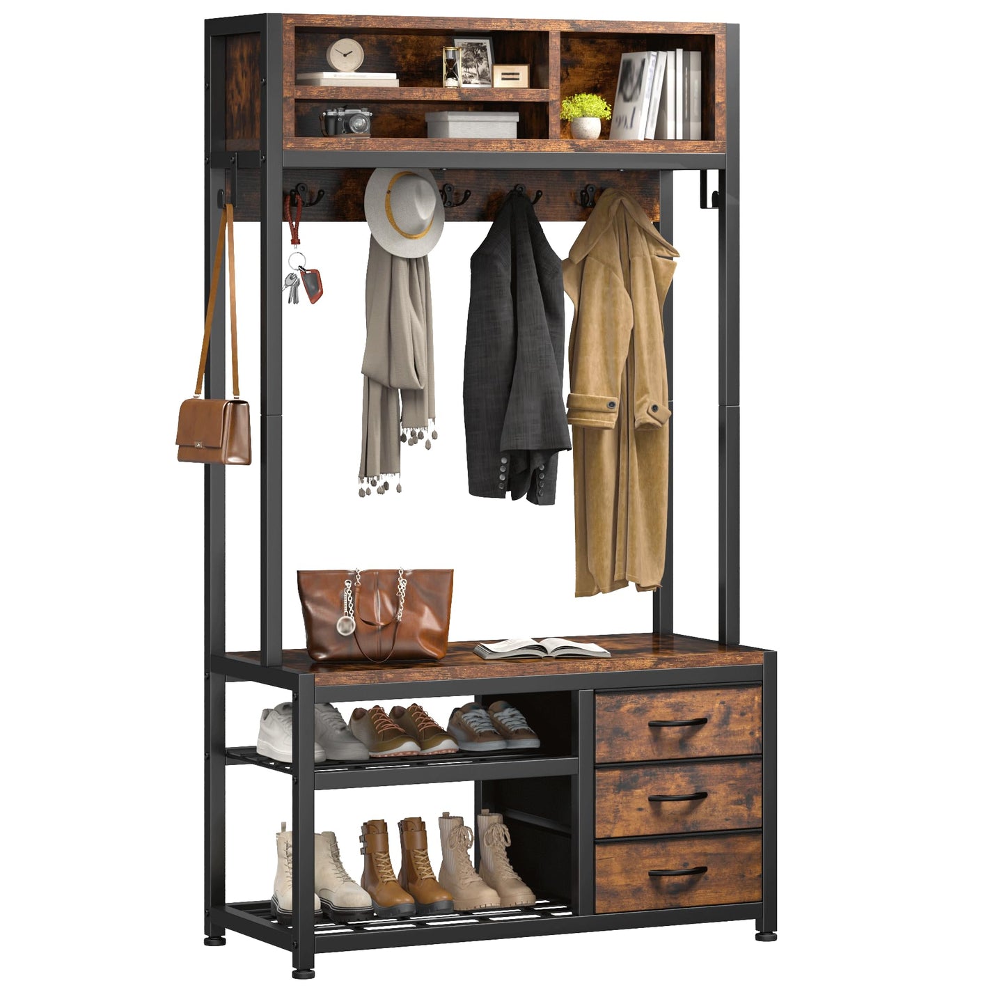 Raybee Hall Tree with Bench and Shoe Storage, Coat Rack Freestanding with 3 Fabric Drawers, Entryway Bench with Shoe Storage, Hall Tree with 12 Hooks for Hallway