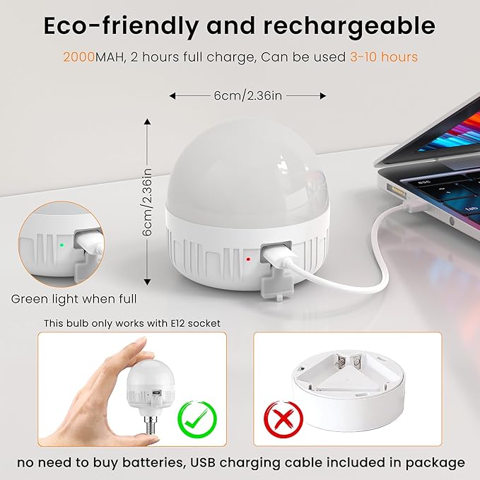 2Packs E12 Rechargeable Light Bulbs with Remote Control, 5W 350lm Magnetically Battery Operated Light Bulbs with 3 Color Temperature, Timer, Dimmer for Non-Hardwired Candle chandeliers Candelabra lamp