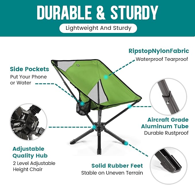 TCEK Adjustable Portable Camping Chair RiseLite Lightweight Compact Folding Chair for Adults, Collapsible Camp Chairs That Folds Up Small, Easy Carry for Travel, Outdoor, Sports, Backpacking, Hiking