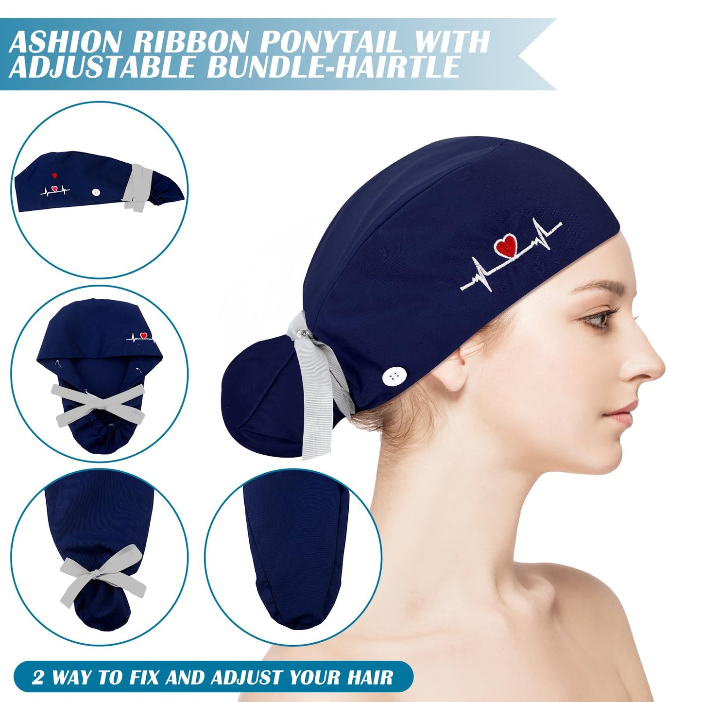 Honoson 6 Pcs Scrub Caps Women Nursing Hats with Buttons Adjustable Bouffant Nurse Hats Ponytail Holder Bouffant Turban(Classic Patterns)