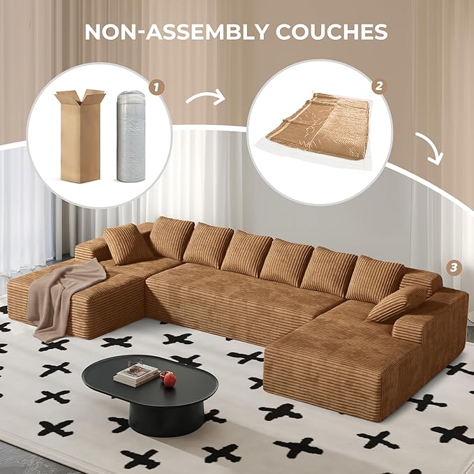131'' U Shaped Sectional Cloud Couches with Chaise Lounge, No Assembly Required Deep Seat Modular Boneless Sofa for Living Room 3PCS, Bedroom(Camel)