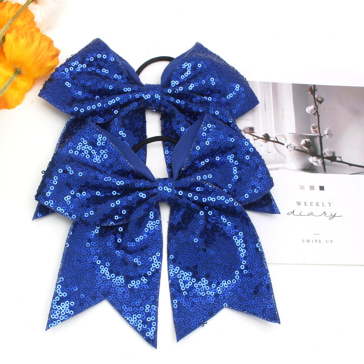 2 PCS 8  Large Cheer Bows Sequin Cheer Hair Bows Ponytail Holders Cheerleading Bows for Jumbo Cheerleading Teen Girls Sports (Bl