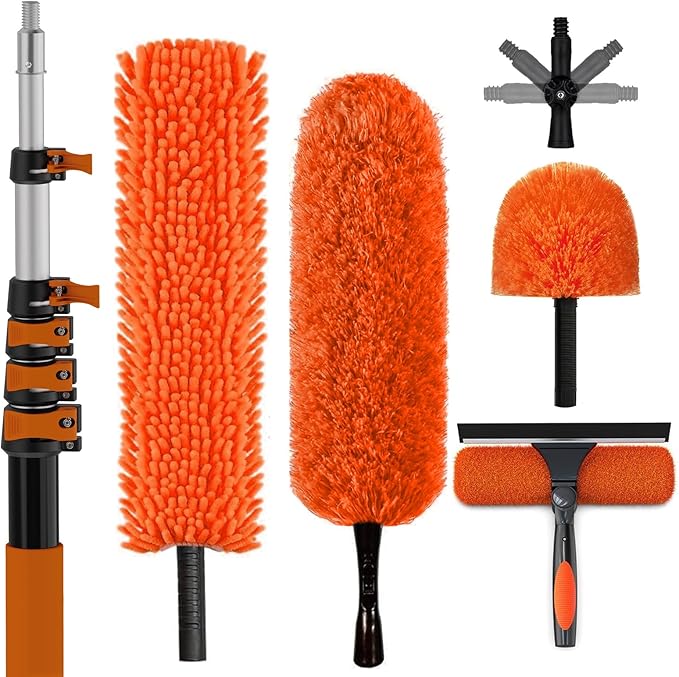 30FT Reach High Ceiling Duster Kit, Window Cleaning kit with 5-24FT Extension Pole, Fan Duster for Ceiling Fan Blades, Microfiber Feather Duster, Rotatable Window Squeegee and Cobweb Duster