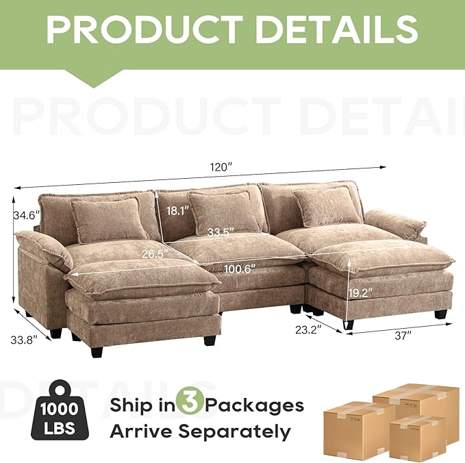 Oprisen 120" Modular Sectional Sofa, Comfy Cloud Couch Sectional Sofa with Ottoman, Chenille Sofa Sleeper Deep Seat Sofa with Throw Pillows for Living Room (Khaki, 120"- U Shape)