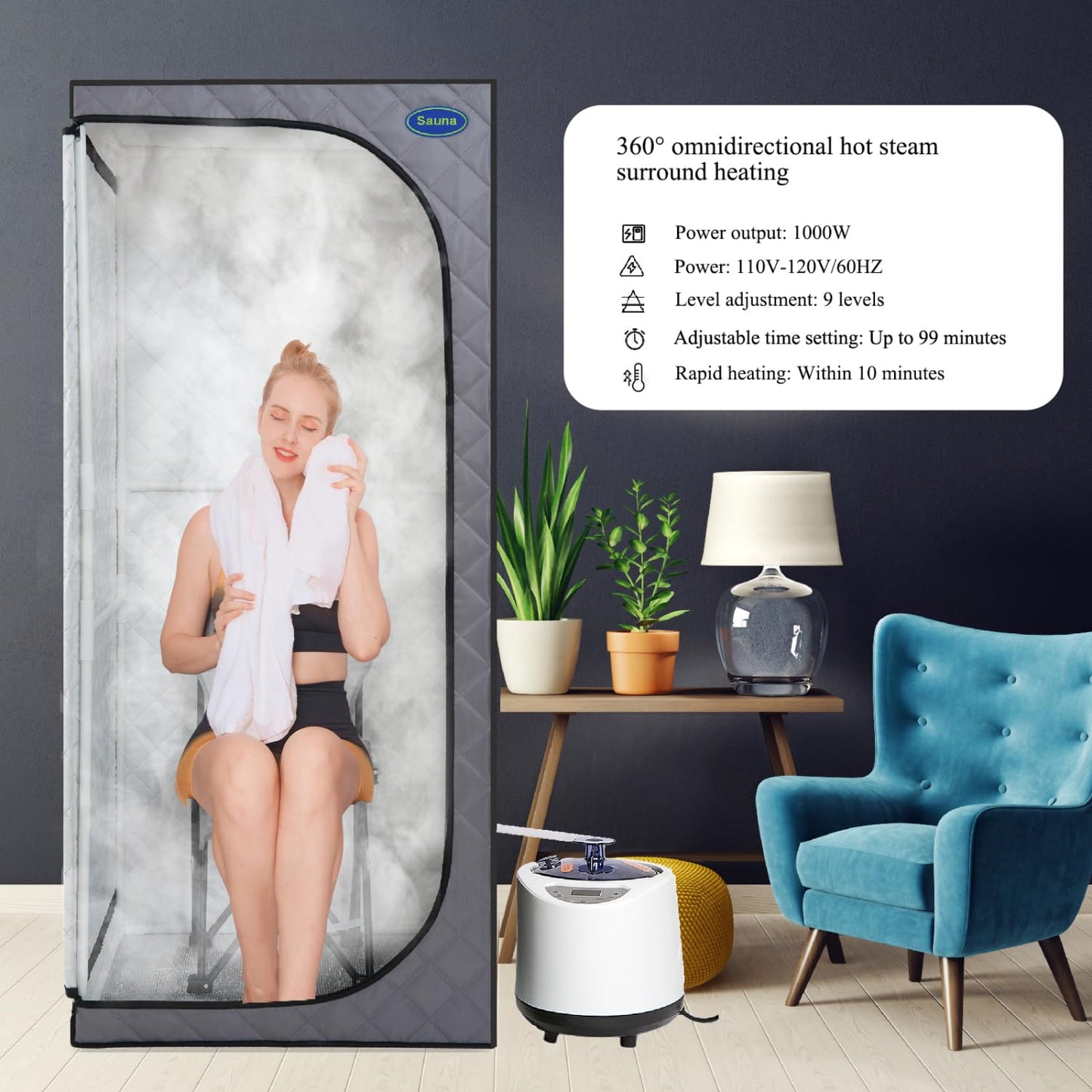 Full Size Portable Grey Steam Sauna Tent: Personal Home Spa with Steam Generator, Remote, Timer, & Foldable Chair