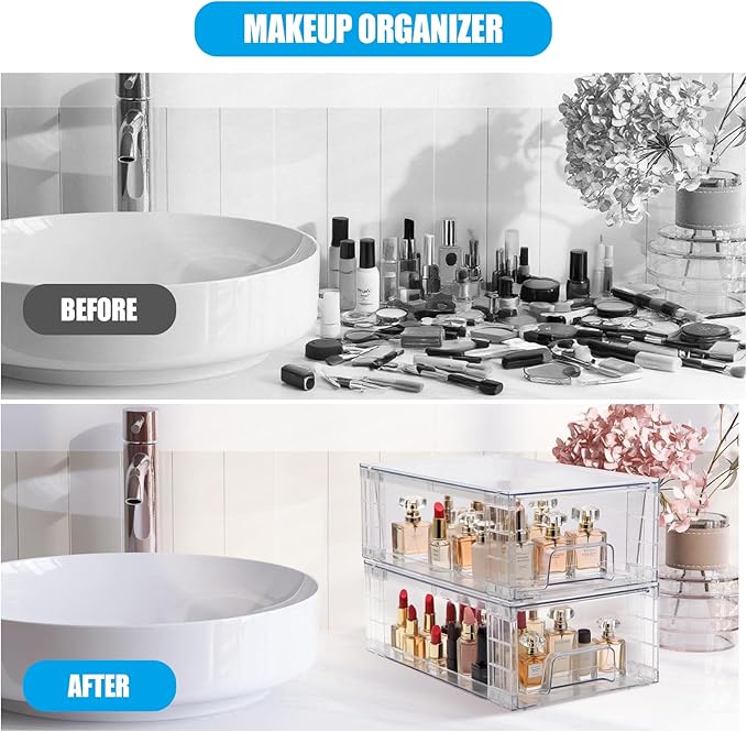 4 Pack Stackable Storage Drawers,Plastic Organizers Bins, Drawers Storage with Handles and Movable Dividers for Organization and Storage in Fridge,Dressers, Pantry, Kitchen Cabinets, Under Sink