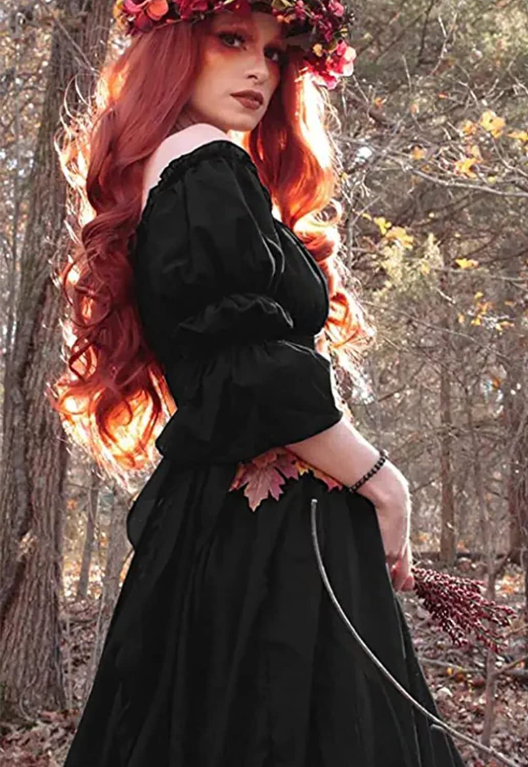 BITSEACOCO Women Medieval Victorian Off Shoulder Dress, Gothic Puff Sleeve Irish Chemise Dresses, Renaissance Costume High Low Long Skirts (S, Black)