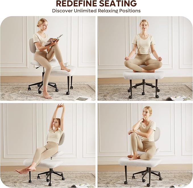 Cross Legged Office Chair with Wheels for ADHD, Ergonomic 360° Swivel Height-Adjustable Meditation Chair for Yoga, Wide Kneeling Chair with Strong Lumbar Support, Teddy Fabric, Off White