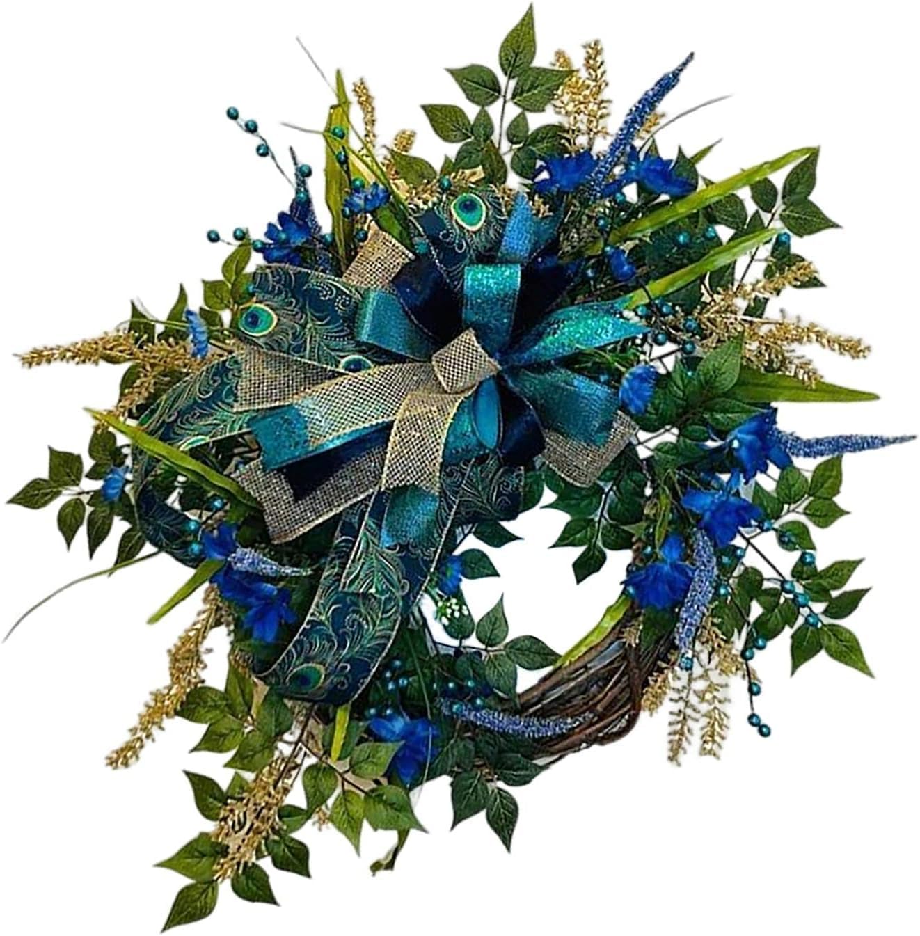 Peacock Wreath Artificial Flower Wreath with Bowknot Festival Hanging Garland Simulation Garland for Xmas Halloween Holiday Door Decor 18inch