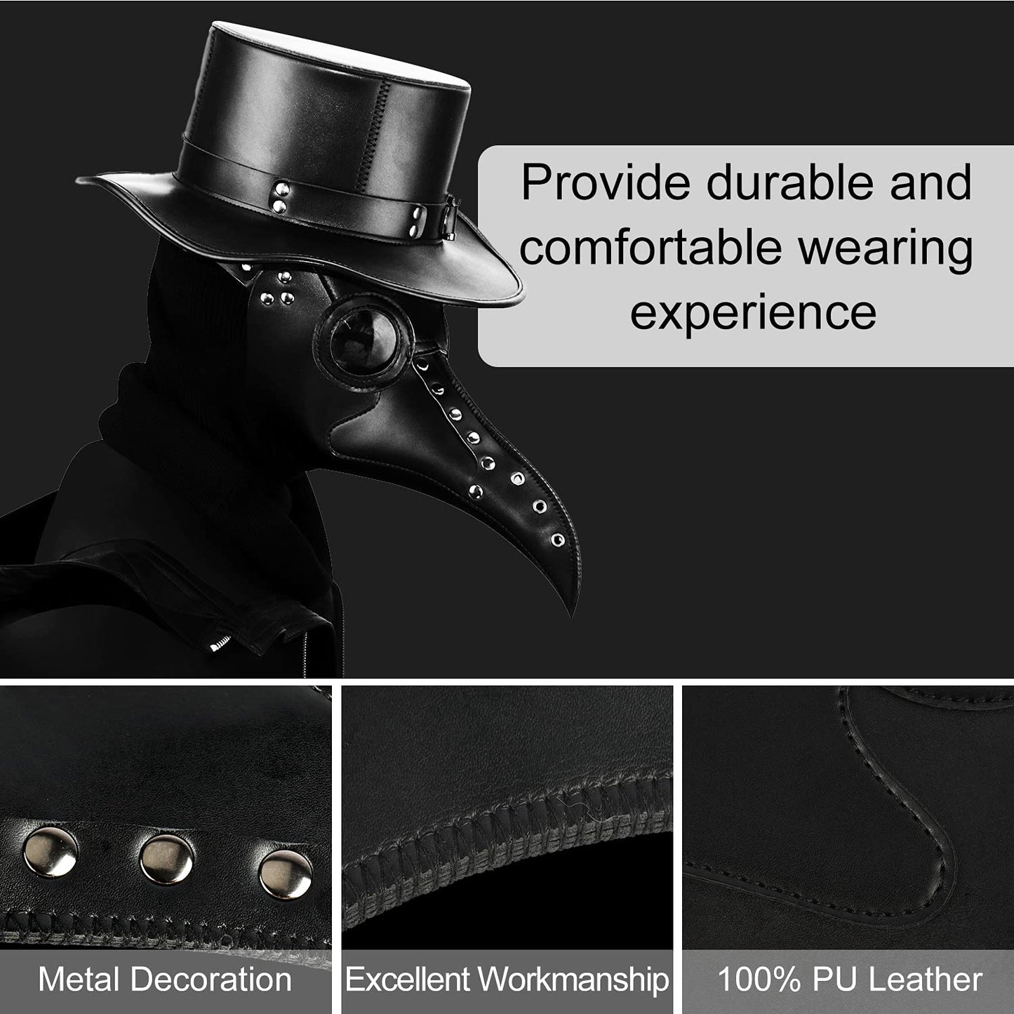 Black Leather Plague Doctor Mask Long Nose Bird Beak Plague Mask Steampunk Halloween Costumes Props Mask for Adult