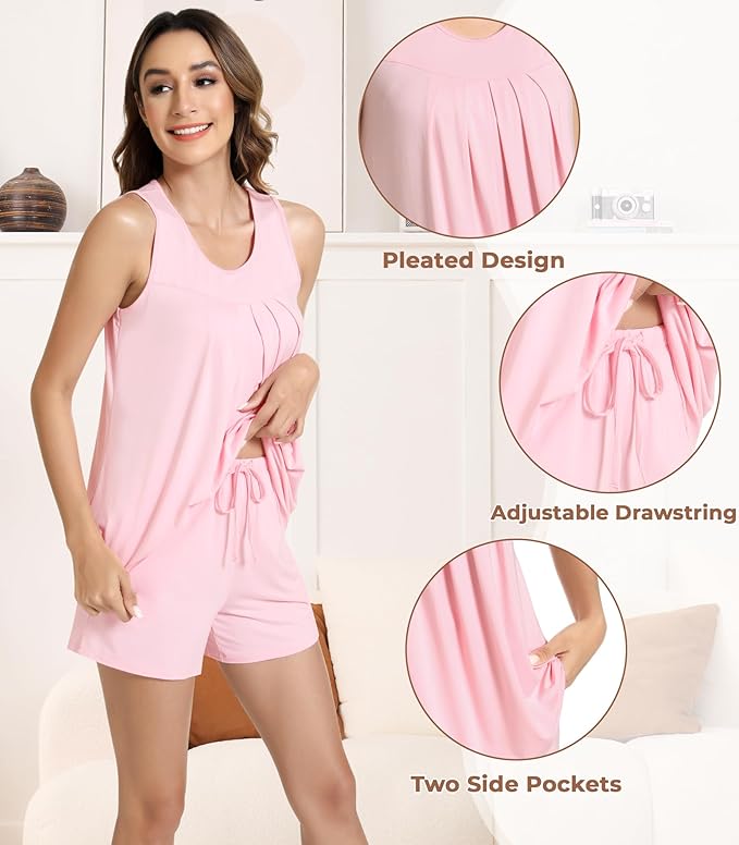NACHILA Pajamas for Women-Viscose from Bamboo, Ribbed Racerback Tank Top Sexy Split Shorts Pajama Sets Cooling Sleep Cami Pjs