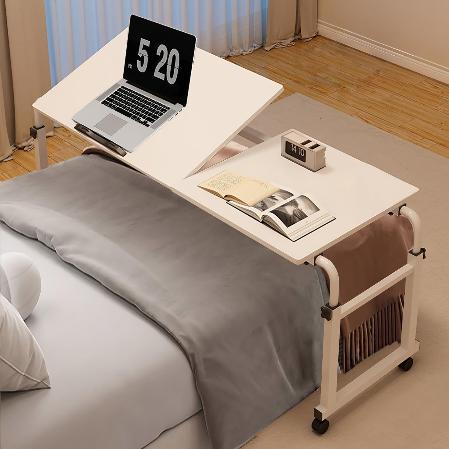 ApexRoam Overbed Desk with Wheels, Adjustable Height Over The Bed Table, King Queen Mobile Over Bed Desk, Overbed Table with Tiltable Tabletop for Laptop and Bedroom Work (White, 47 * 16IN Tiltable)