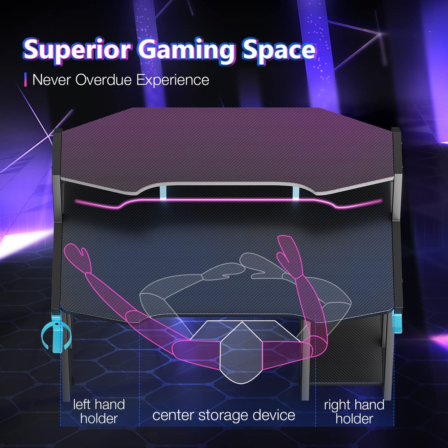 MOTPK Gaming Desk with Storage Shelf 39 inch, Computer Desk with Monitor Shelf, Gaming Table with Carbon Fiber Surface, Gamer Desk with Cup Holder & Headphone Hook, Gift for Boys Men, Black