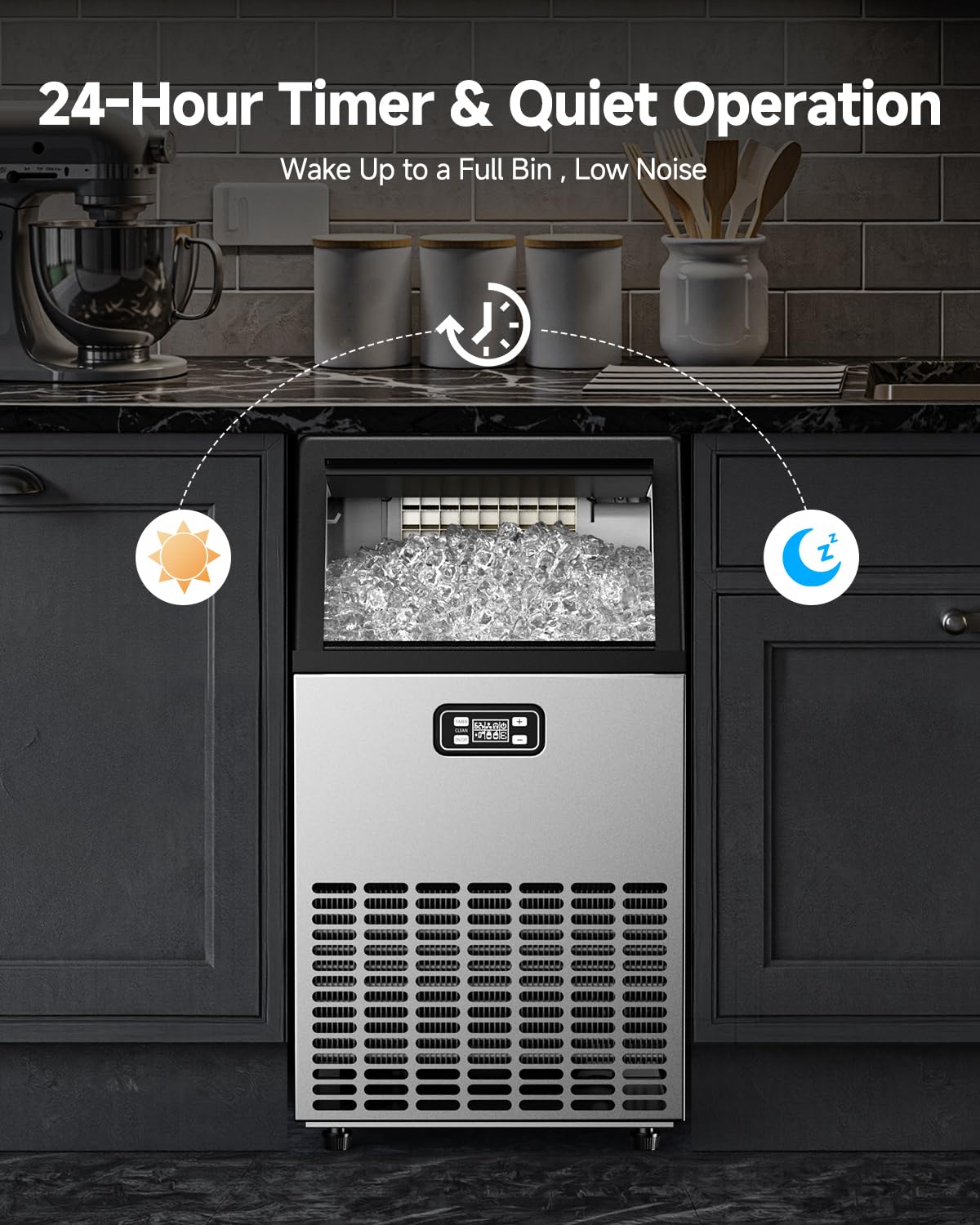 Feelfunn Commercial Ice Maker Machine - 100LBS/24H, 33lbs Storage Capacity, Stainless Steel Freestanding & Under Counter Ice Maker with Self-Cleaning, 24H Timer, Ideal for Home Bar Office Restaurant