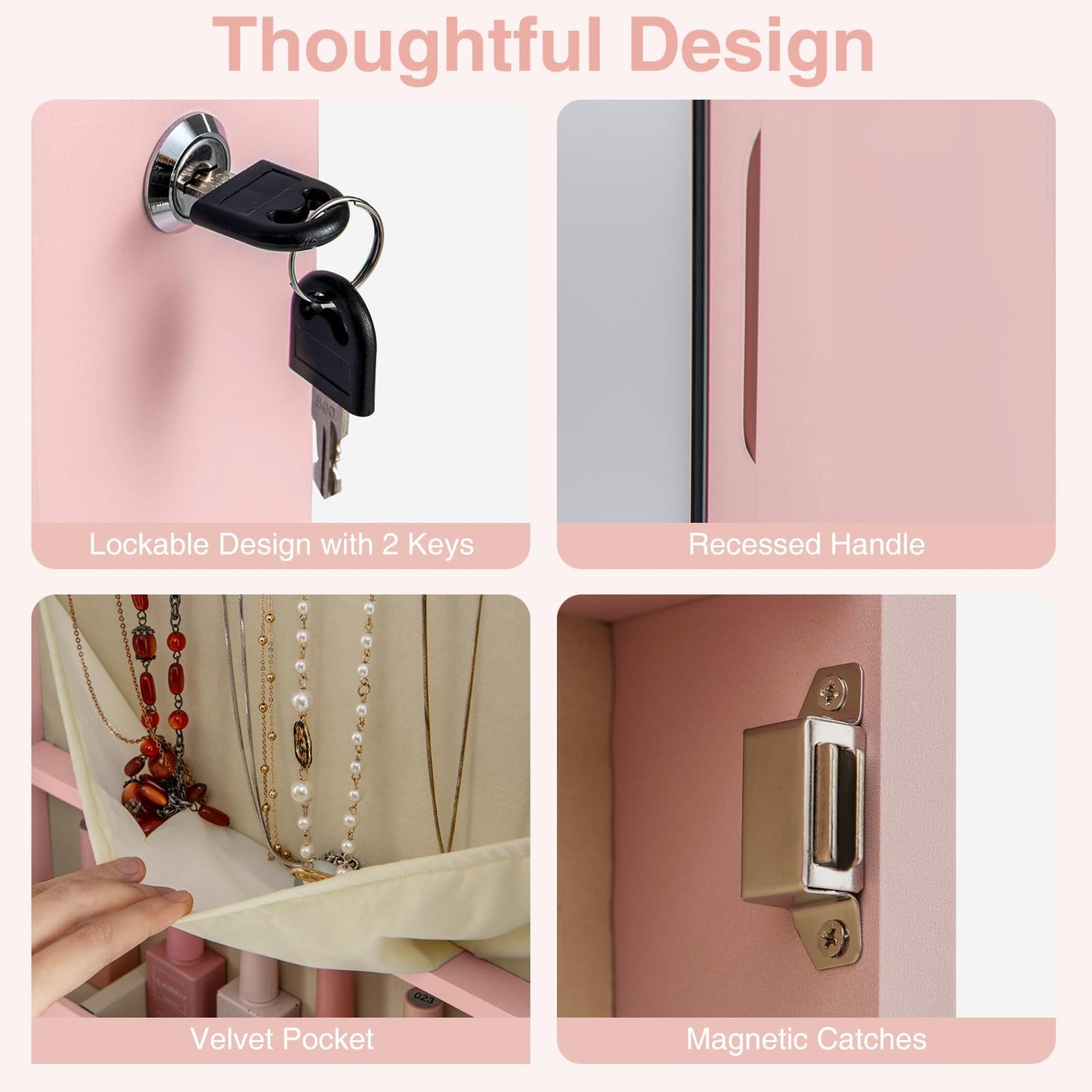 Moccha Wall Door Jewelry Armoire, 47.5" H Full Length Mirrored Jewelry Cabinet with 2 LED Lights and 2 Drawers, Lockable Jewelry Cabinet, Jewelry Organizer Storage for Bedroom, Pink