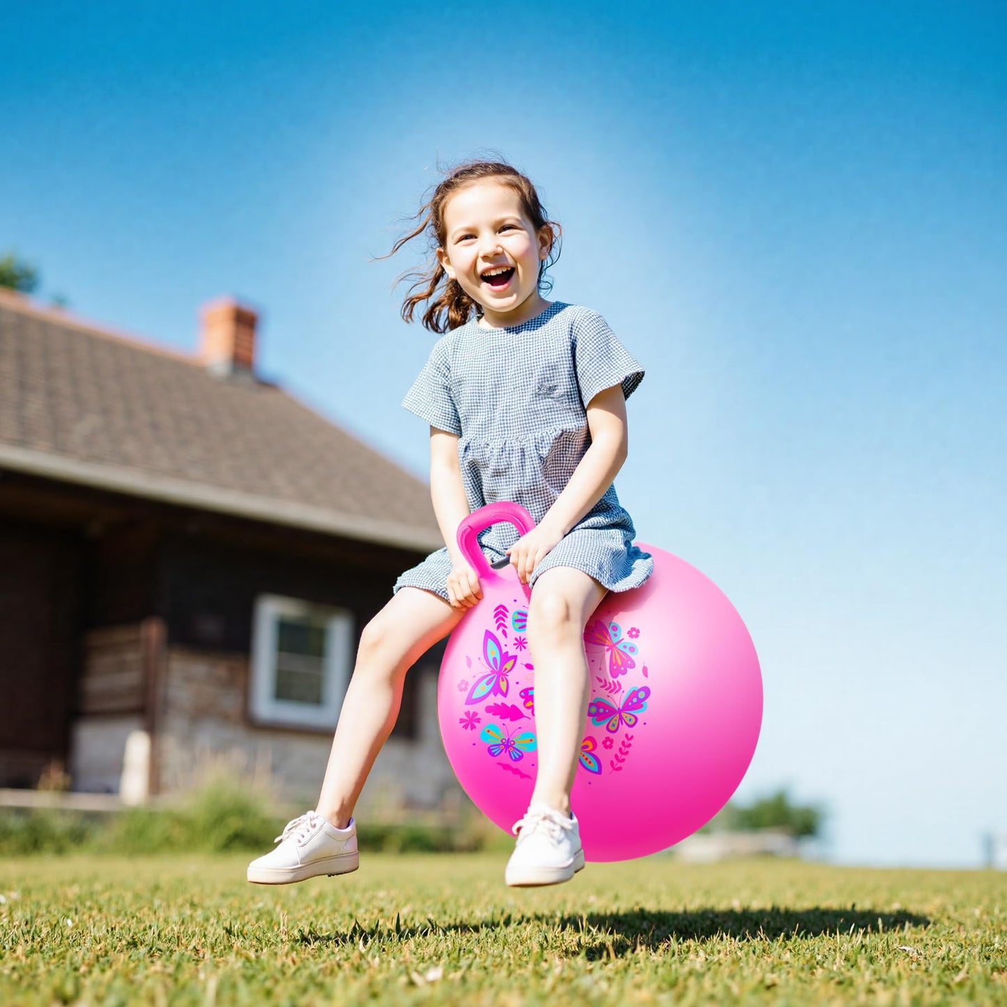EVERICH TOY Hopper Ball, Pink Butterfly Hopping Toys for Kids, 18 Inch Bouncy Ball with Handle, Indoor Outdoor Inflatable Hoppity Hop Toy for Girls Boys Gift with Pump