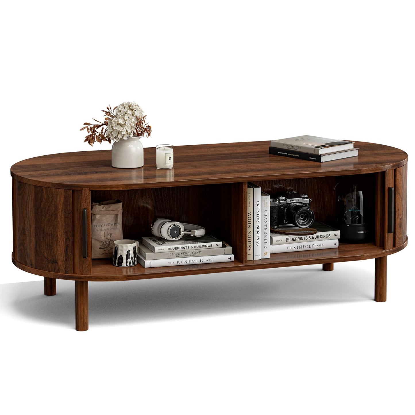 ZttRiee Coffee Table for Living Room, Modern Oval Coffee Table with Cabinets & Sliding Doors, Home Small Space, 47.2" Fluted Center Table, Walnut