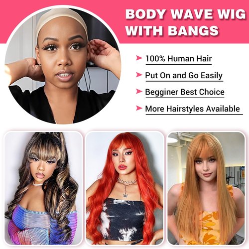 Rebecca Fashion 18 Inch Body Wave Wig with Bangs Human Hair Wigs for Black Women None Lace Front Wigs 10A Brazilian Virgin Hair Glueless Machine Made Wig Highlight Brown Blonde Color