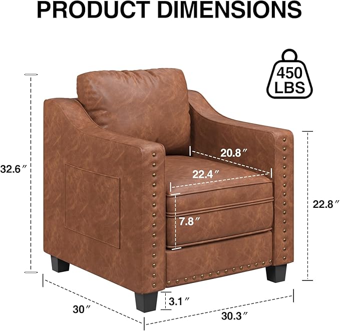 FiveWillowise Mid Century Modern Accent Chair, 30 Inches PU Leather Armchairs, Barrel Chair Living Room Chairs Club Chair with Cushion Reading Chair for Bedroom, Apartment, Reading Room, Brown