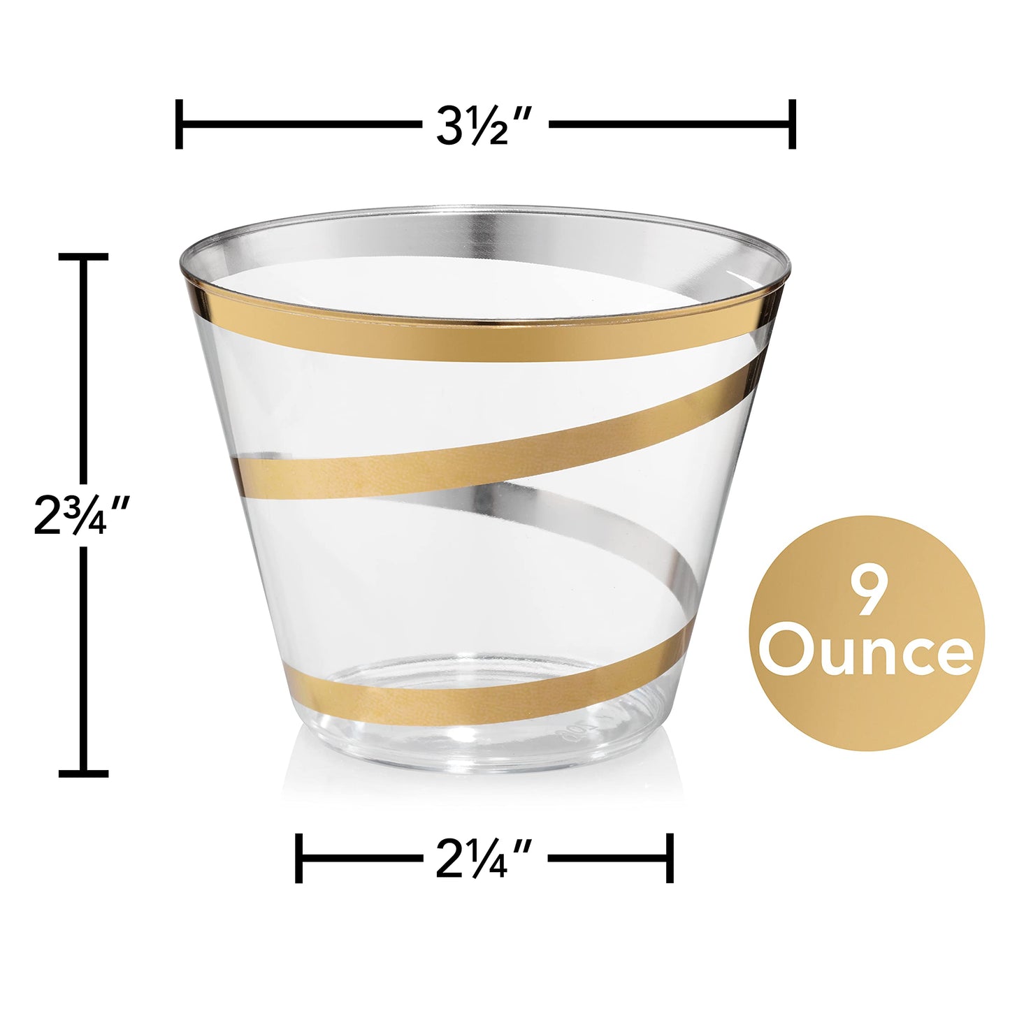 Perfect Settings 110 Gold Swirl Clear Plastic Cups 9 Ounce - Holiday Wedding Party Elegant Trimmed Disposable Cups - Fancy Wedding Cups