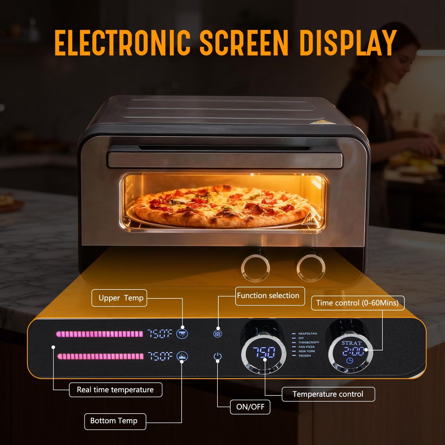 OLIXIS Pizza Oven Indoor, 1600W Electric Pizza Oven Fast Heating, 6 Presets Pizza Maker for 12 Inches, with Pizza Stone & Spatula, Upper-Bottom Independent Heating Temperature Control