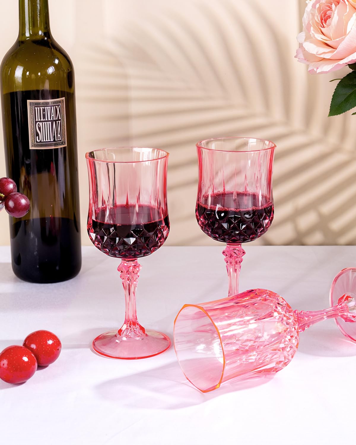 Ciaell 24PCS Pink Plastic Wine Glasses - 7 Oz Plastic Goblets for Party - Pink Vintage Drinking Glasses - Disposable Water Goblets Set for Wedding, Bar, Wine, Beer, Juice, Cocktail, Whiskey