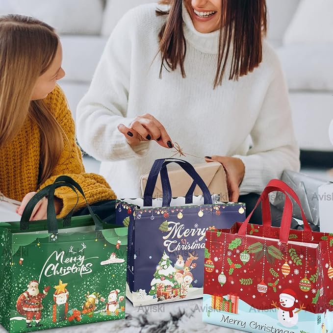 16PCS Christmas Gift Bags, Non-Woven Treat Tote Christmas Bags with Handles for Gifts Wrapping Shopping, Xmas Party Supplies, 12.8"×9.8"×6.7"