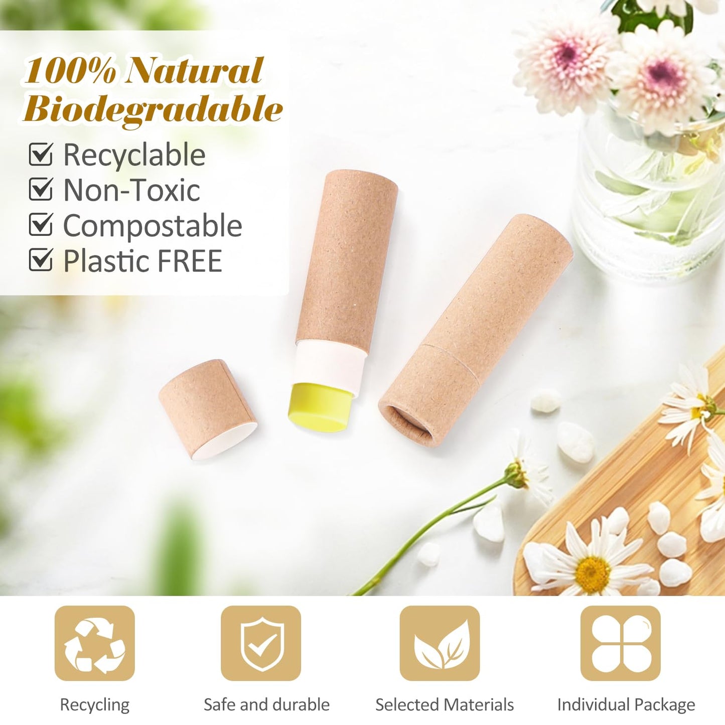 DMuuuDM 15 Pcs 0.3 oz Paperboard Lip Balm Tubes,Empty Kraft Paper Chapstick Tube Holder,Push-Up Style Biodegradable Solid Lip Gl